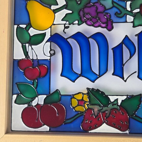 "Welcome" Sign Painted Glass Fruit Motif Wooden Frame Kitchen Indoors Outdoors - Picture 2 of 8